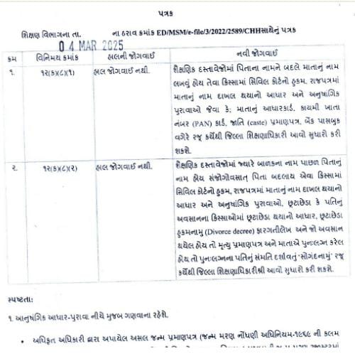 શૈક્ષણિક દસ્તાવેજોમાં પિતાના બદલે માતાનું નામ ઉમેરવા સરકારનો પરિપત્ર 