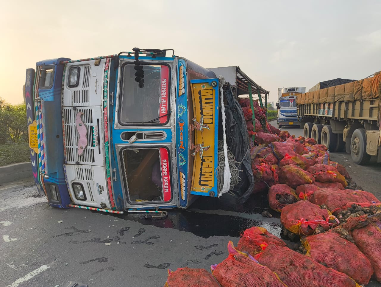 બસ દ્વારા ઓવરટેક કરતા કેળાના બિયારણ ભરેલી ટ્રક પલટી થઈ