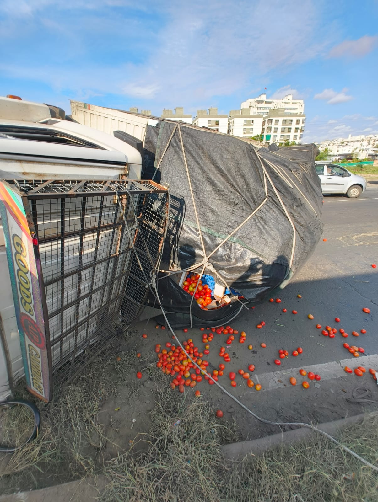 આજવા બ્રિજ ઉતરતા કન્ટેનર ટ્રકની બ્રેક નો લાગતા ટામેટા ભરેલી કન્ટેનર થઈ પલટી