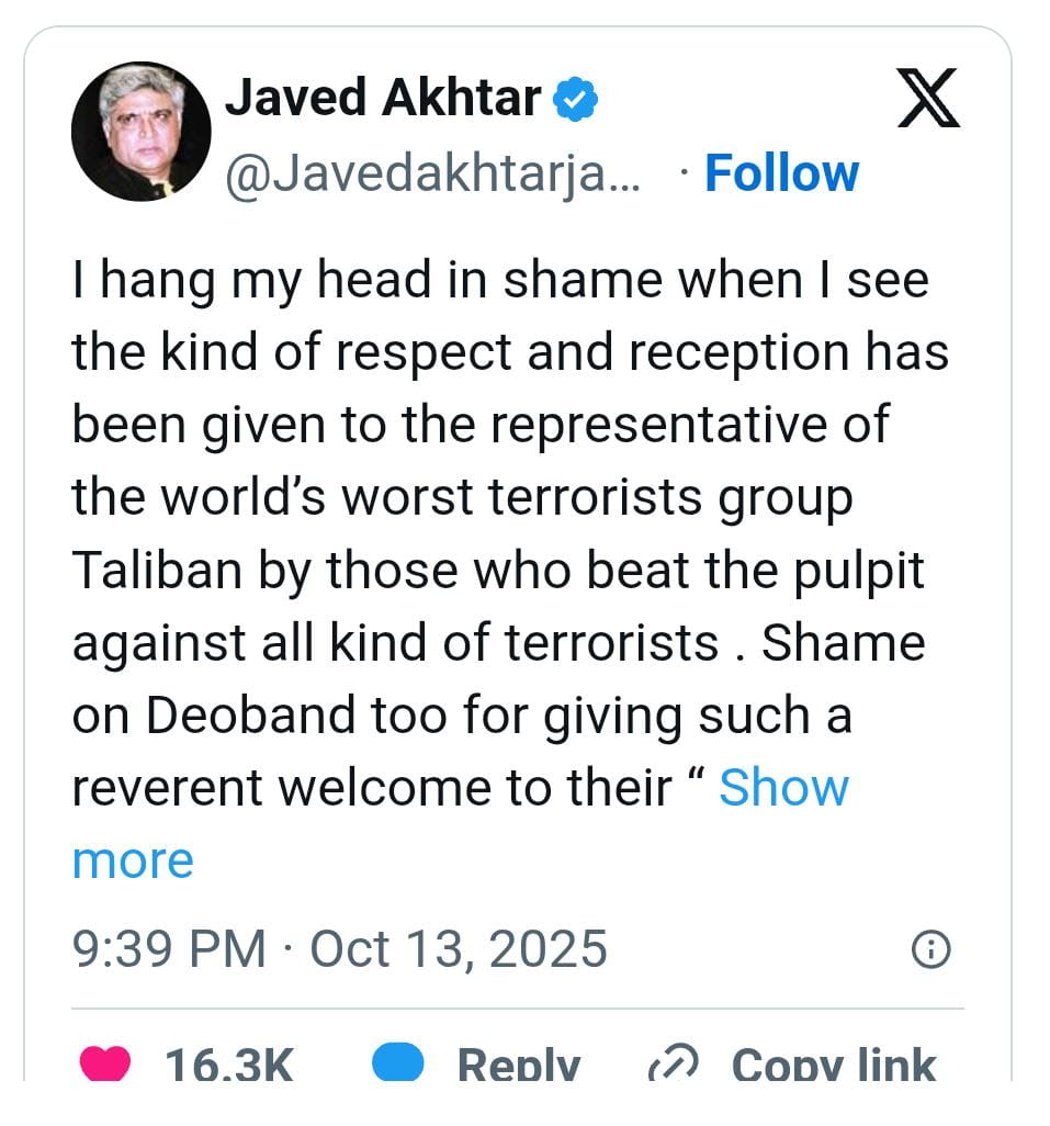 તાલિબાન પ્રતિનિધિના સ્વાગત પર જાવેદ અખ્તરે કરી ટીકા: મારું માથું શરમથી ઝૂકી જાય છે.
