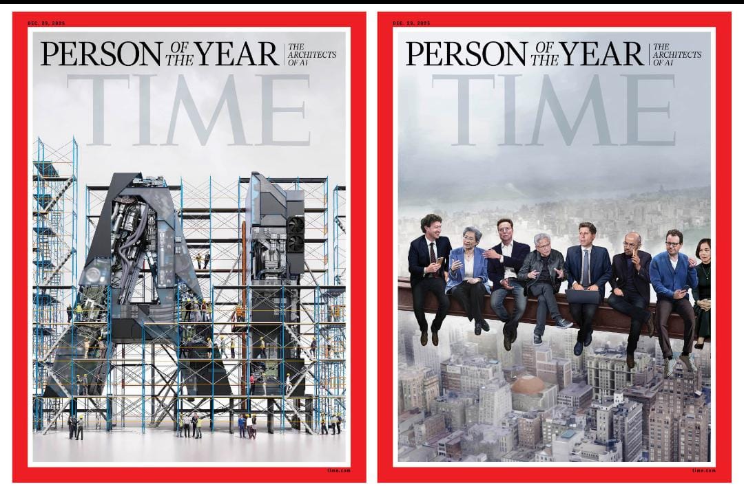 કવર પેજ 1932ની ખૂબ જ જાણીતી તસવીરનું રીક્રિએશન: કવર પેજમાં AI અગ્રણીઓને ટાઈમ મેગેઝીને 2025ના વર્ષ માટે સ્થાન આપ્યું