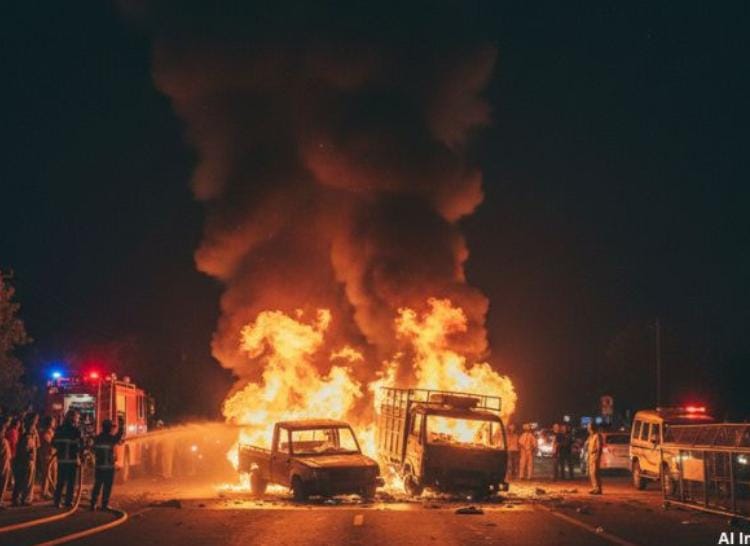 ટ્રક અને પીકઅપ વાન વચ્ચેની ભયાનક ટક્કર બાદ બ્લાસ્ટ થયો: 2 લોકોના જીવતા ભડથું થતાં મોત 