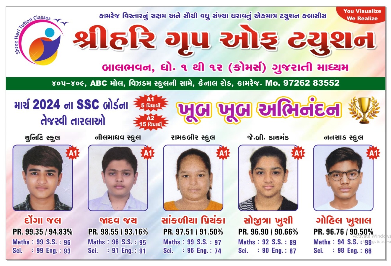 શ્રી હરિ ગ્રુપ ઓફ ટ્યુશનના બાળકોમાં પરિણામનો ભવ્ય ઉત્સાહ 