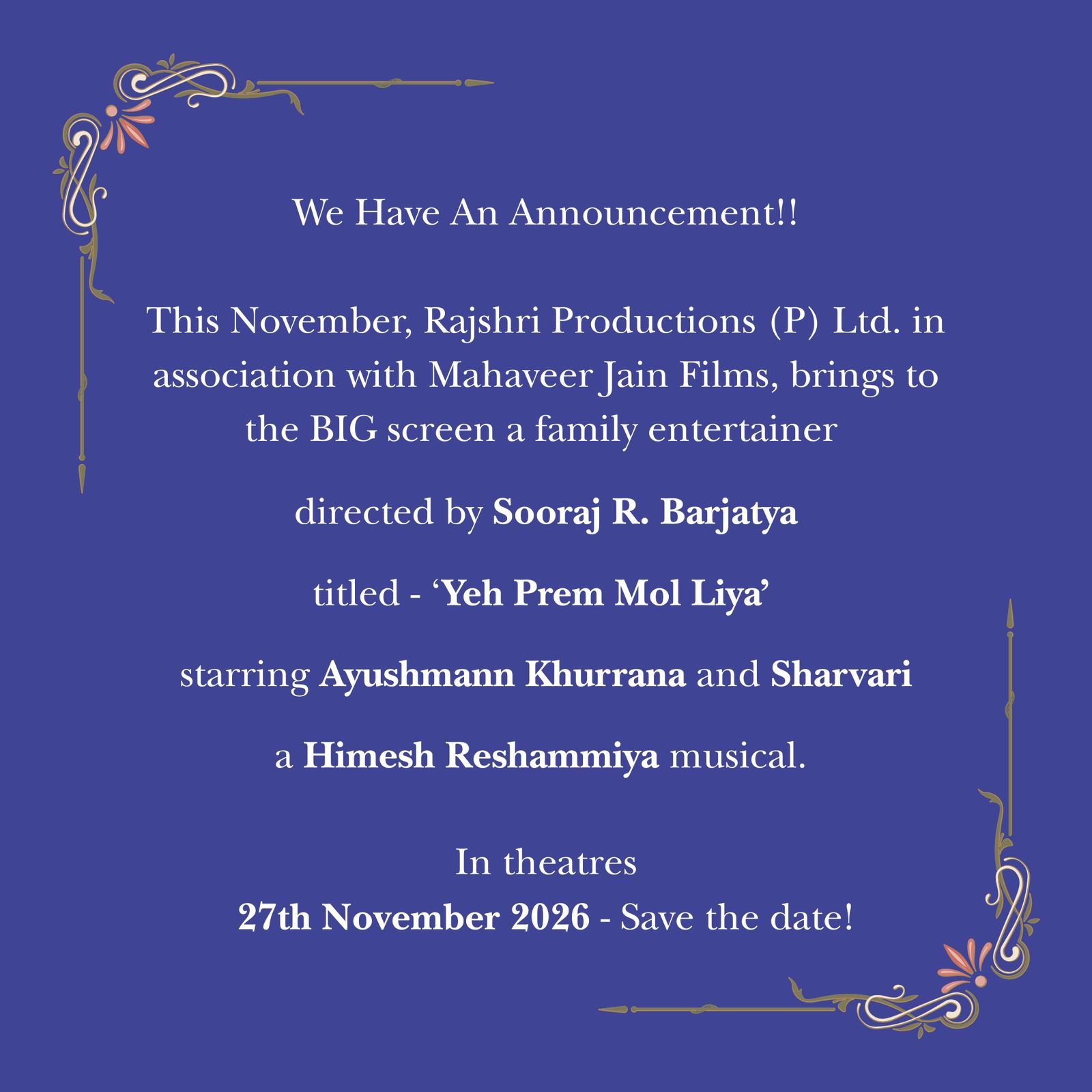 સૂરજ બડજાત્યાનું મોટું એલાન: 12 વર્ષ પછી પ્રેમ ફરી આવશે