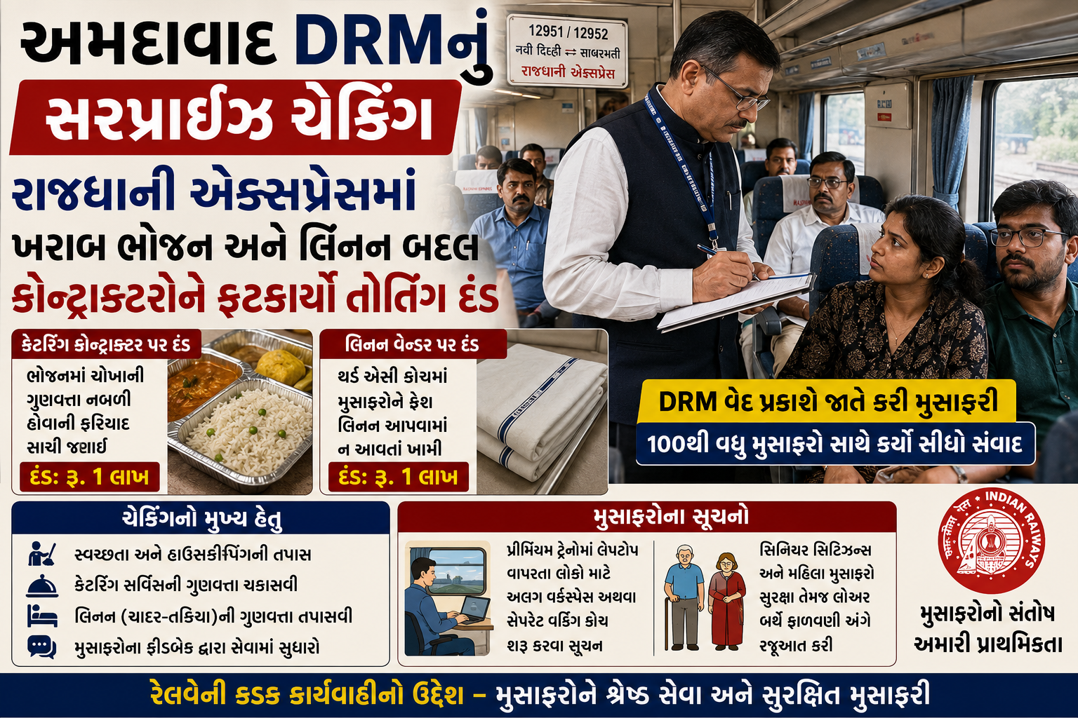 અમદાવાદ રેલવે વિભાગનું સરપ્રાઈઝ ઇન્સ્પેક્શન: ટ્રેનમાં સર્વિસ ખામી બદલ કોન્ટ્રાક્ટરોને દંડ