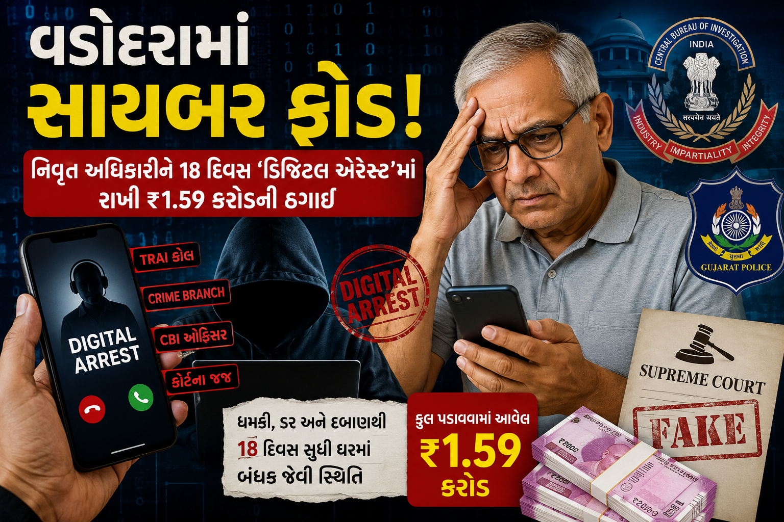 સાયબર ઠગાઈનો ચોંકાવનારો બનાવ: ડિજિટલ એરેસ્ટમાં નિવૃત્ત અધિકારી પાસેથી કરોડો પડાવ્યા
