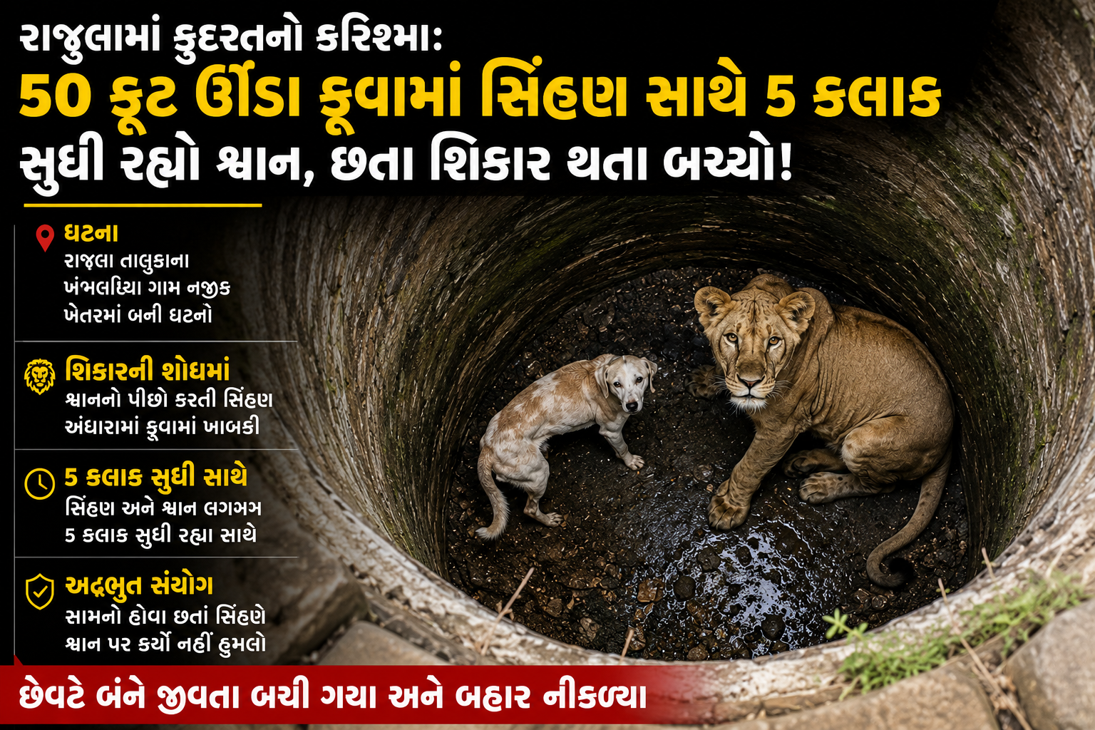 50 ફૂટ ઊંડા કૂવામાં સિંહણ અને શ્વાન આમને-સામને, 5 કલાક બાદ બન્યો ચમત્કાર