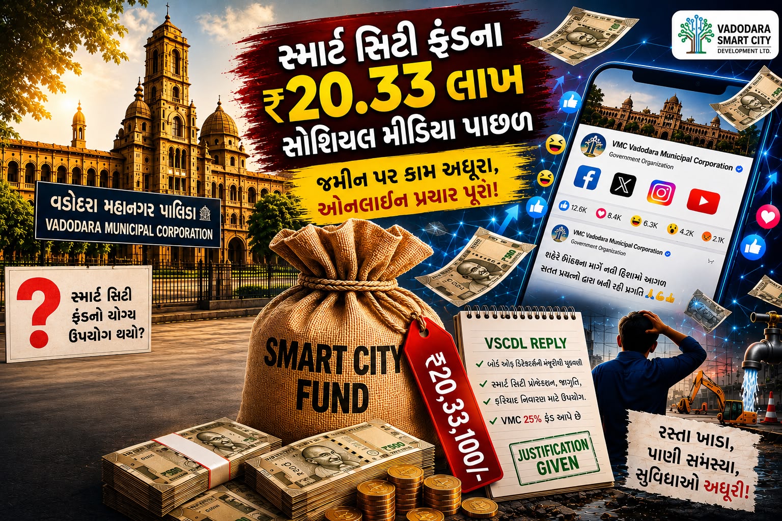 વડોદરા સ્માર્ટ સિટી મિશનમાં ૨૦.૩૩ લાખનો ‘ડિજિટલ મેકઅપ ખેલ’, જમીન પરના કામો અધૂરા અને પ્રજાના નાણાં ઓનલાઇન વાહવાહી પાછળ હોમાયા