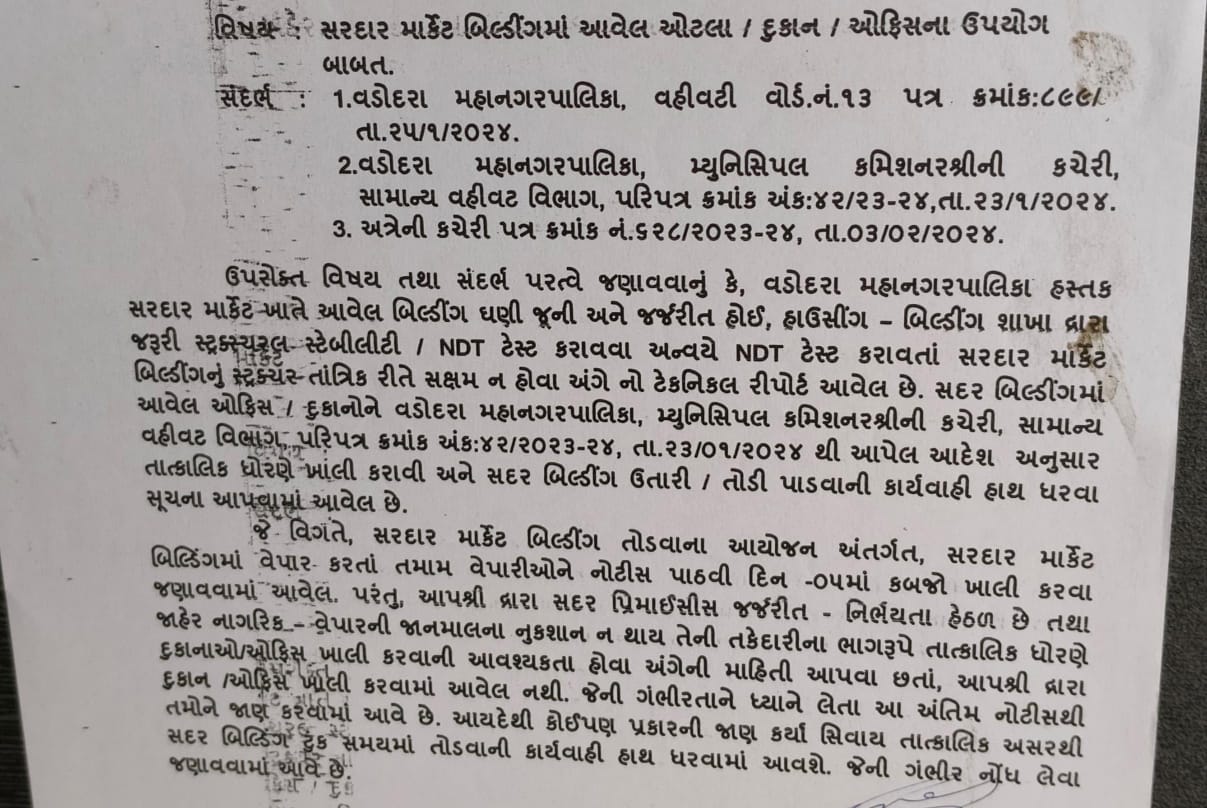 કેવડા બાગ વિસ્તારમાં સરદાર માર્કેટ બિલ્ડીંગ તોડી પાડવા આદેશ