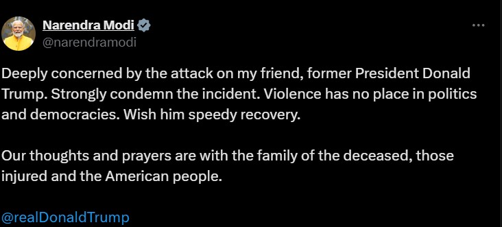 ડોનાલ્ડ ટ્રમ્પ પર થયેલા હુમલાની ઘટનાની સખત નિંદા કરતા મોદી 