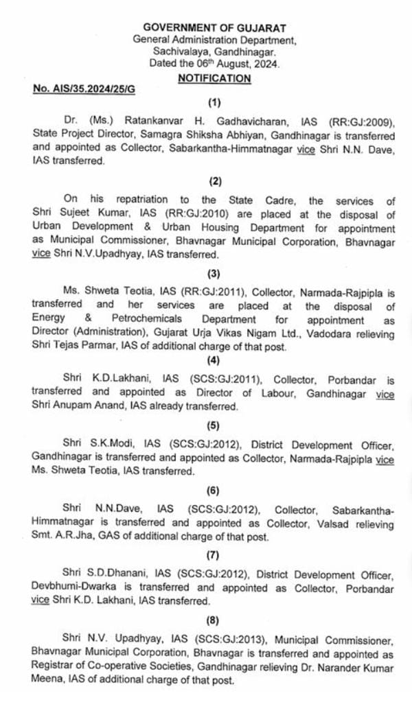 ગુજરાતમાં IAS અને IPS બેડામાં મોટા ફેરફાર